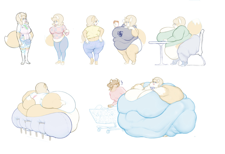 ? belly big_breasts big_butt blue_eyes braces breasts butt canine eating female food fox huge_breasts huge_butt hyper hyper_breasts hyper_butt mammal obese overweight pillowknight pink_lips thick_thighs weight_gain wide_hips