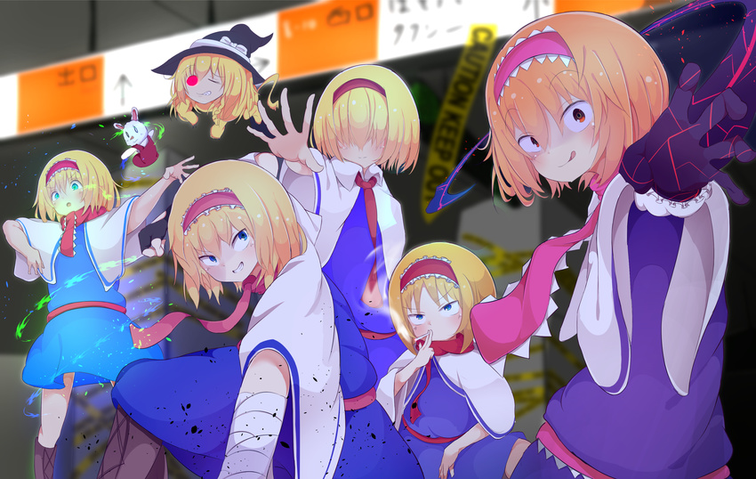absurdres akabeco alice_margatroid black_hat blonde_hair blush character_request closed_mouth cookie_(touhou) eyebrows_visible_through_hair faceless faceless_female hat highres hinase_(cookie) ichigo_(cookie) jigen_(cookie) kirisame_marisa looking_at_viewer multiple_girls open_mouth parted_lips red_eyes sakuranbou_(cookie) short_hair smile taisa_(cookie) tongue tongue_out touhou witch_hat