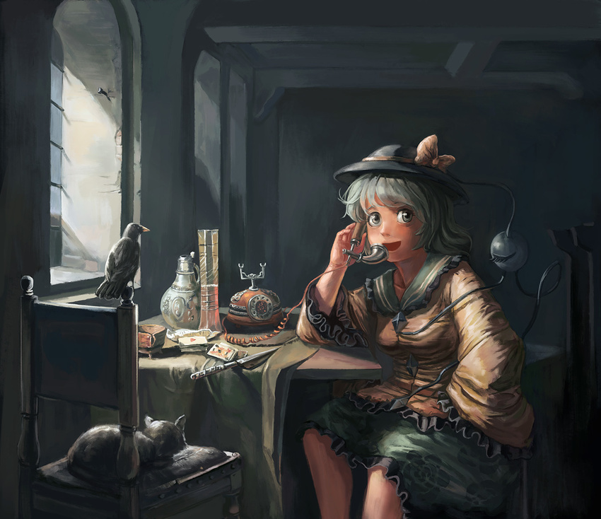 amibazh antique_telephone aqua_eyes bird blouse card cat chair commentary_request crow eyebrows fine_art_parody frilled_sleeves frills green_skirt hat hat_ribbon indoors knife komeiji_koishi long_sleeves looking_at_viewer open_mouth parody phone pitcher playing_card ribbon rotary_phone sitting skirt solo table tablecloth talking_on_phone third_eye touhou wide_sleeves window yellow_blouse