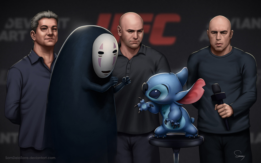 16:10 2015 4_fingers 5_fingers alien bald black_body black_claws black_nose blue_eyes blue_fur bruce_buffer claws clothed clothing crossover dana_white deviantart digital_media_(artwork) digital_painting_(artwork) disney experiment_(species) fist fur ghibli group hands_behind_back head_tuft human joe_rogan lilo_and_stitch mammal mask microphone no-face notched_ear nude pants sam_delatorre signature size_difference small_tail spirit spirited_away stitch stool toe_claws ufc url watermark weigh-in