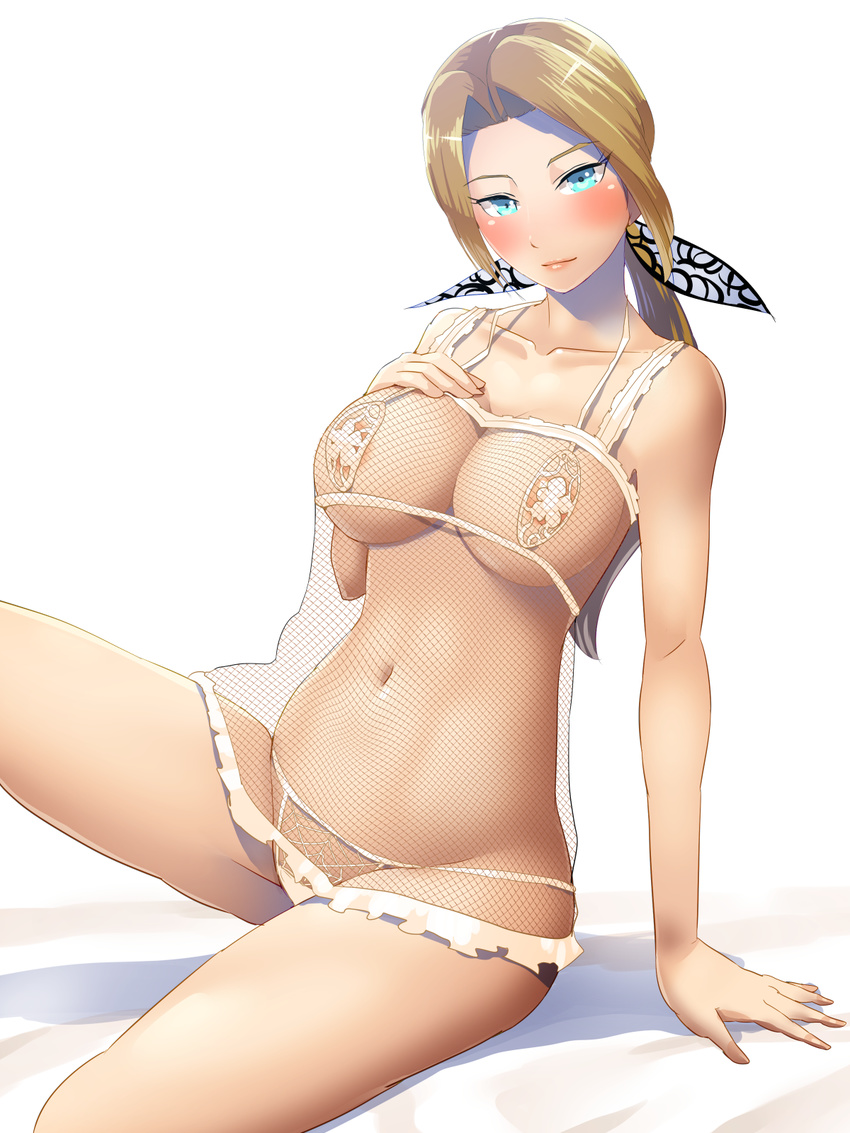 areola_slip areolae blue_eyes blush boris_(noborhys) breasts brown_hair cleavage collarbone commentary_request dead_or_alive dead_or_alive_xtreme fishnet_fabric forehead hair_intakes hair_ribbon helena_douglas highres large_breasts lingerie lips long_hair looking_at_viewer navel panties ribbon sitting solo spider_web_print underwear