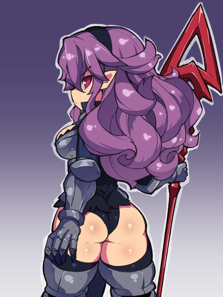 armor ass black_hairband black_leotard disgaea fukurou_(owl222) gradient gradient_background grey_legwear hairband heavy_knight_(disgaea) highres holding holding_spear holding_weapon leotard long_hair pointy_ears polearm purple_background purple_eyes purple_hair shiny shiny_skin simple_background solo spear thighhighs weapon