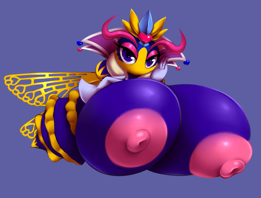 &lt;3 arthropod bee big_breasts blue_background breasts feather_boa female floating_hands huge_breasts hyper hyper_breasts insect insect_wings kirby_(series) metachoke nintendo nipples pink_areola pink_nipples purple_eyes queen_sectonia simple_background solo video_games wings