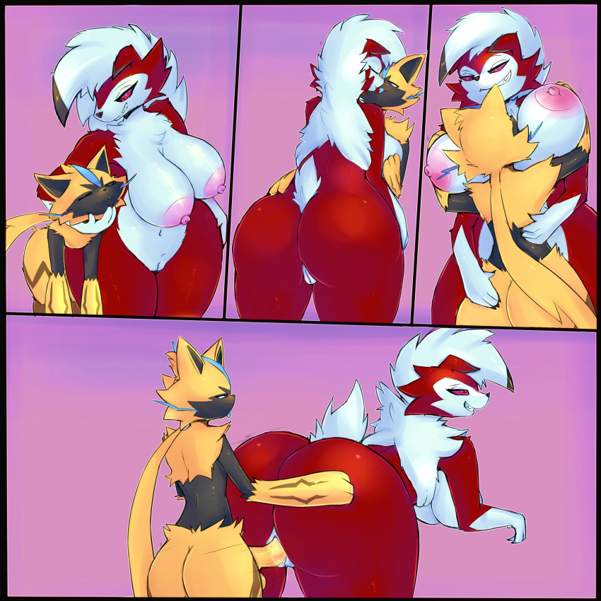 2018 anthro anus back_boob big_breasts big_butt boiful breasts butt digital_media_(artwork) duo eyes_closed female french_kissing hanging_breasts huge_breasts kissing larger_female legendary_pok&eacute;mon lycanroc male male/female midnight_lycanroc nintendo nipples penis pok&eacute;mon pok&eacute;mon_(species) pussy sex size_difference smaller_male thick_thighs video_games zeraora