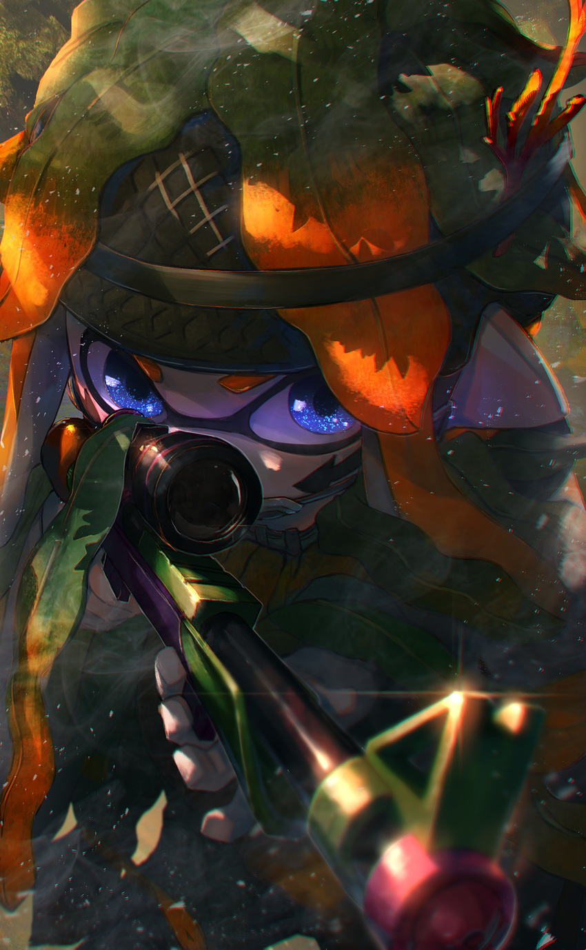 aiming blue_eyes blurry camouflage chromatic_aberration depth_of_field domino_mask facial_mark glint gun helmet highres holding holding_gun holding_weapon inkling kashu_(hizake) leaf long_hair looking_at_viewer mask monster_girl orange_hair pointy_ears rifle scope serious sniper_rifle solo splatoon_(series) splatoon_2 splatterscope_(splatoon) tentacle_hair two-handed weapon