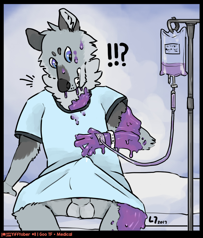 balls canine goo goo_tf hospital_gown iv_bag lustylamb male mammal medical shocked slime slime_tf transformation wolf