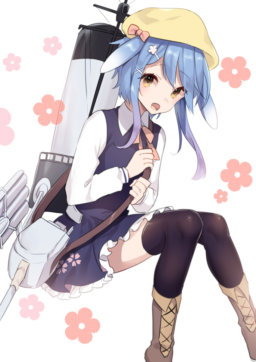 :d animal_ears azur_lane bangs beret black_legwear blue_dress blue_hair blush boots bow brown_footwear cannon cherry_blossom_print collared_shirt cross-laced_footwear dress eyebrows_visible_through_hair floral_background frilled_dress frills hair_ornament hairclip hat highres lace-up_boots long_sleeves looking_at_viewer machinery minazuki_(azur_lane) mizuki_eiru_(akagi_kurage) open_mouth pink_bow print_dress shirt short_hair_with_long_locks smile solo thighhighs turret white_background white_shirt x_hair_ornament yellow_eyes yellow_hat