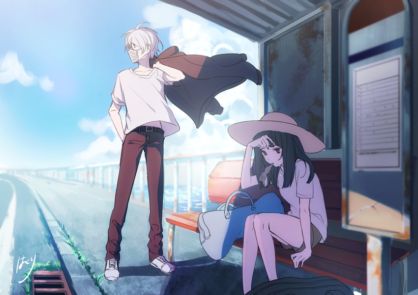 1girl ahoge arm_up bangs bare_legs belly_peek belt belt_buckle bench black_hair blue_sky blunt_bangs brown_pants buckle bus_stop carrying_clothes cloud cloudy_sky coat collarbone commentary_request day grass hakuri hand_in_pocket hand_up hat head_down knees_together_feet_apart looking_away looking_down looking_to_the_side luggage mask medium_hair mouth_hold no_pupils ocean onii-san_(sachi-iro_no_one_room) pants purple_eyes railing road sachi-iro_no_one_room sachi_(sachi-iro_no_one_room) schedule sewer_grate shade shirt shoes shorts shorts_rolled_up sidewalk signature sitting sky sneakers standing sun_hat surgical_mask sweat t-shirt white_eyes white_hair white_shirt wiping_forehead