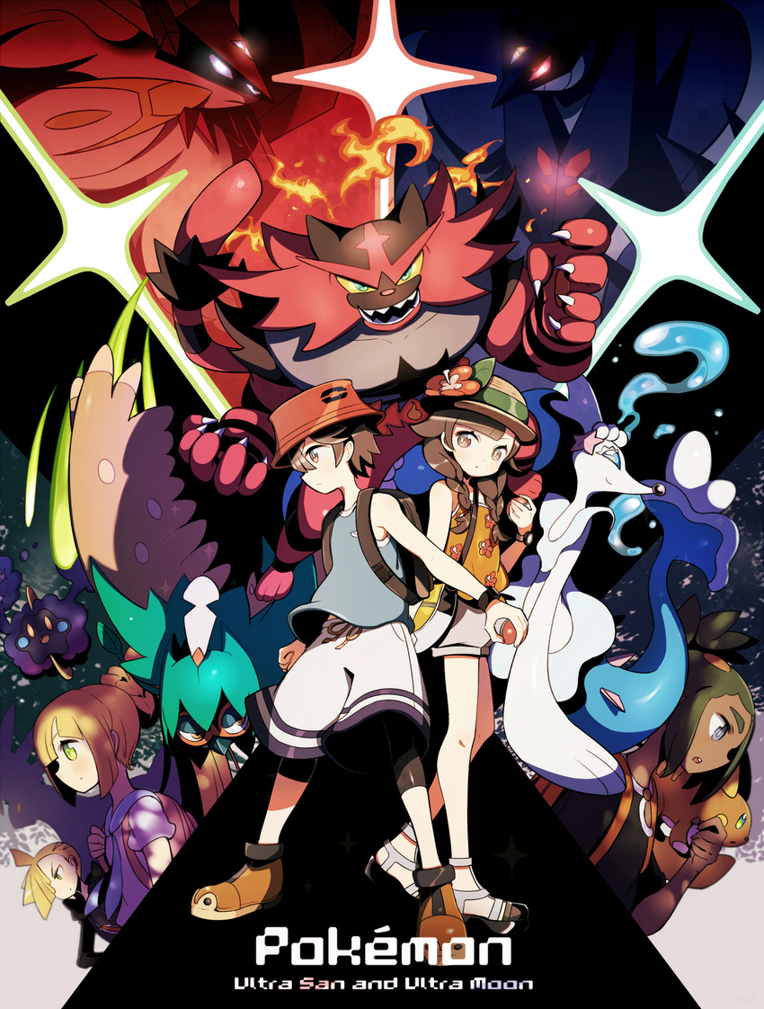 3boys alolan_form alolan_raichu backpack bag black_hair blonde_hair blue_shirt braid brother_and_sister brown_eyes bucket_hat commentary_request copyright_name cosmog dark_skin dark_skinned_male dawn_wings_necrozma decidueye dusk_mane_necrozma engrish expressionless floral_print flower gen_7_pokemon gladio_(pokemon) green_eyes grey_eyes hair_over_one_eye hat hat_flower hau_(pokemon) highres holding holding_poke_ball hood hoodie incineroar keijou_(cave) lillie_(pokemon) long_hair mizuki_(pokemon) multiple_boys multiple_girls necrozma orange_shirt poke_ball pokemon pokemon_(creature) pokemon_(game) pokemon_usum ponytail primarina raichu ranguage red_flower shirt shoes shorts siblings sleeveless sneakers sun_hat tank_top twin_braids white_shorts you_(pokemon) z-ring