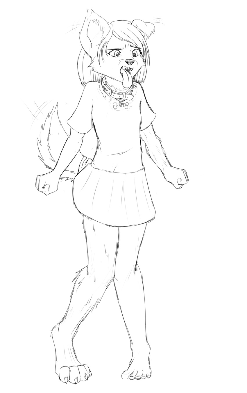 2017 anthro canine clothing collar dog doggirlkari female fist mammal monochrome pidgeon_toed shirt simple_background skirt solo tongue tongue_out transformation white_background