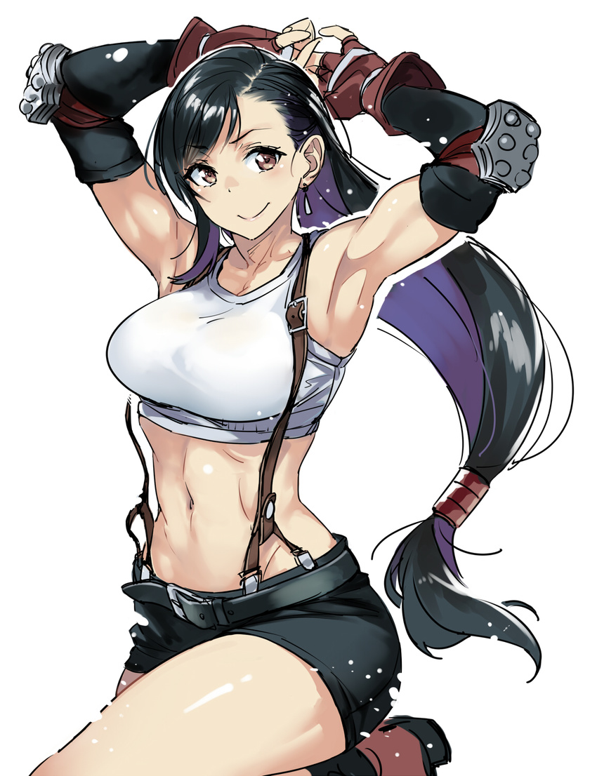 armpits arms_up black_gloves black_hair breasts earrings elbow_gloves final_fantasy final_fantasy_vii fingerless_gloves gloves highres jewelry large_breasts leg_up long_hair looking_at_viewer midriff navel purple_eyes simple_background skirt smile solo suspenders tifa_lockhart twinpoo white_background