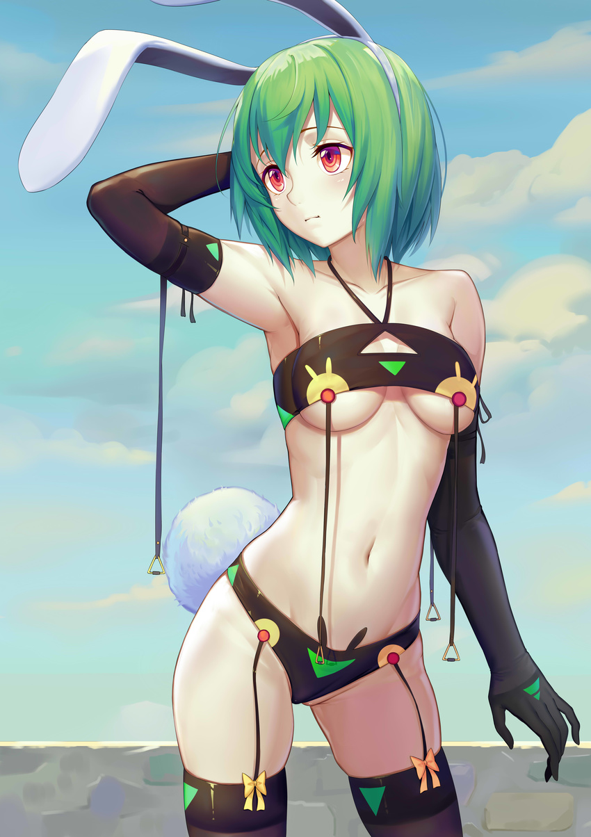 absurdres animal_ears armpits bandeau bangs bare_shoulders bikini black_bikini black_gloves black_legwear blue_sky blush breasts bunny_ears bunny_tail closed_mouth cloud cloudy_sky collarbone commentary_request day elbow_gloves garter_straps gloves green_hair hair_between_eyes halter_top halterneck highres looking_to_the_side md5_mismatch medium_breasts navel original outdoors partially_visible_vulva pink_eyes revision short_hair sidelocks skindentation sky solo sonikey0_0 swimsuit tail tareme thighhighs thighs underboob