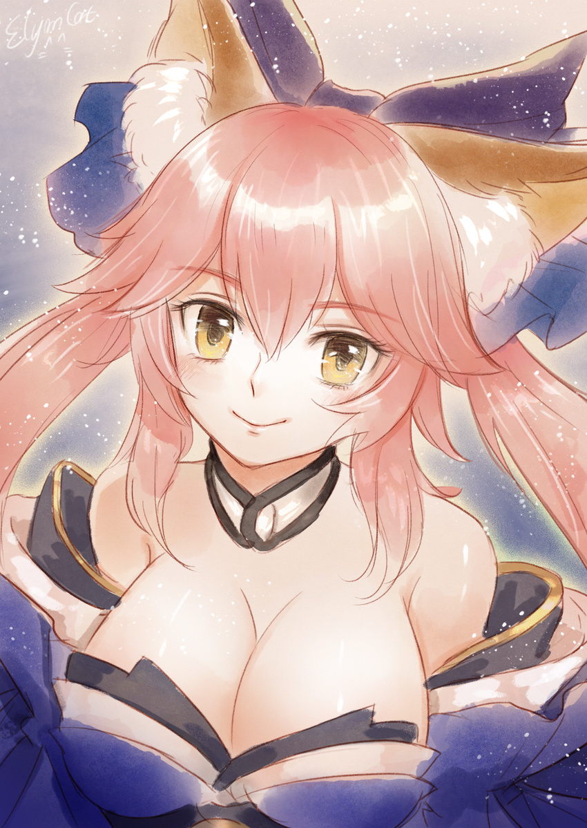animal_ear_fluff animal_ears bare_shoulders blue_dress blue_kimono blue_ribbon blush breasts choker cleavage close-up closed_mouth collarbone detached_sleeves dress ecat eyebrows_visible_through_hair fate/extra fate/extra_ccc fate/grand_order fate_(series) fox_ears hair_between_eyes hair_ornament hair_ribbon head_tilt highres japanese_clothes kimono large_breasts light_smile long_hair looking_at_viewer looking_up off_shoulder open_eyes pink_hair ribbon solo tamamo_(fate)_(all) tamamo_no_mae_(fate) twintails white_choker wide_sleeves yellow_eyes