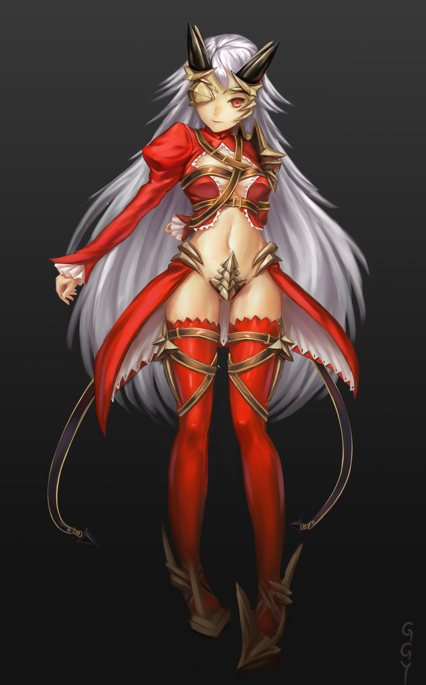 absurdres aldra_(queen's_blade) armor belt beltbra breasts codpiece crop_top eyepatch grey_hair gugongyi highres long_hair long_sleeves looking_at_viewer navel queen's_blade red_eyes red_legwear revealing_clothes simple_background small_breasts solo standing thigh_strap thighhighs very_long_hair