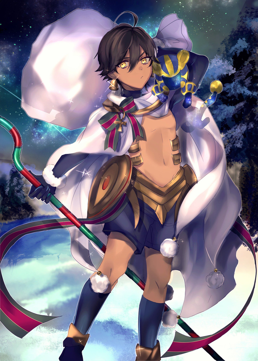 ahoge black_hair cape child dark_skin dark_skinned_male fate/grand_order fate/prototype fate/prototype:_fragments_of_blue_and_silver fate_(series) highres looking_at_viewer male_focus ozymandias_(fate) pom_pom_(clothes) protected_link ribbon santa_costume santa_lily shorts solo sphinx_awlad yellow_eyes younger