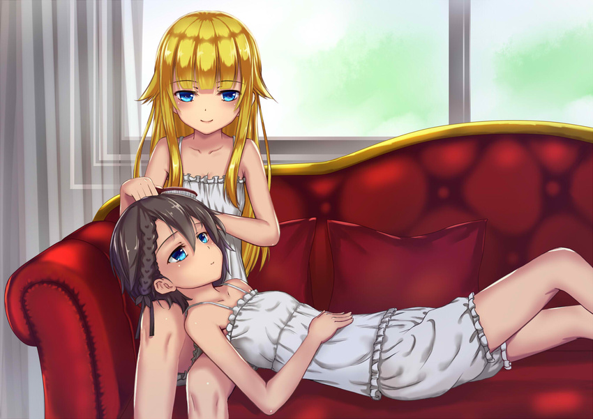 ange_(princess_principal) asymmetrical_bangs aya223 bangs blonde_hair blue_eyes blush braid brown_hair camisole closed_mouth collarbone couch curtains cushion eyebrows_visible_through_hair frills hair_between_eyes hair_brush hair_brushing hair_flaps hand_on_own_stomach highres holding indoors lap_pillow long_hair looking_at_viewer lying multiple_girls on_back princess_(princess_principal) princess_principal short_hair sitting smile underwear underwear_only window yuri