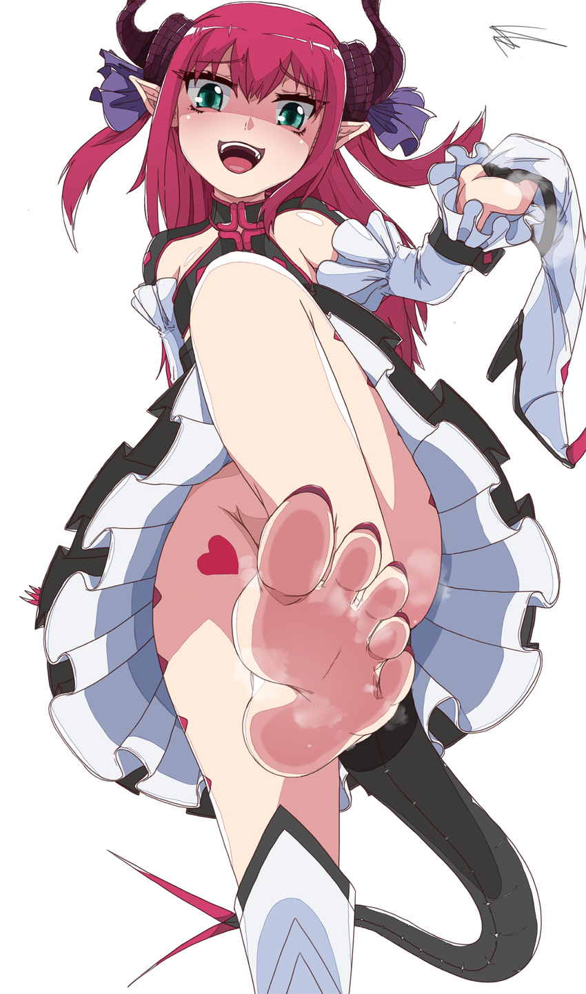 1girl barefoot boots fangs fate/grand_order feet green_eyes holding_shoes lancer_(fate/extra_ccc) long_hair looking_at_viewer no_panties one_leg_raised open_mouth pink_hair pointy_ears pov pov_feet shoes_removed single_shoe soles steam toes