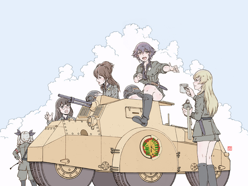 amaretto_(girls_und_panzer) anchovy anzio_military_uniform black_hair blonde_hair blush braid brown_hair canteen carpaccio character_request cloud commentary cup dagger gaiters girls_und_panzer glasses graphite_(medium) green_hair ground_vehicle headwear_removed helmet helmet_removed highres hot military military_uniform military_vehicle mixed_media motor_vehicle multiple_girls open_clothes open_mouth open_shirt pepperoni_(girls_und_panzer) reaching_out riding_crop shirt side_braid signature sitting skirt sky sweat traditional_media uniform vespa-caproni weapon yoshikawa_kazunori