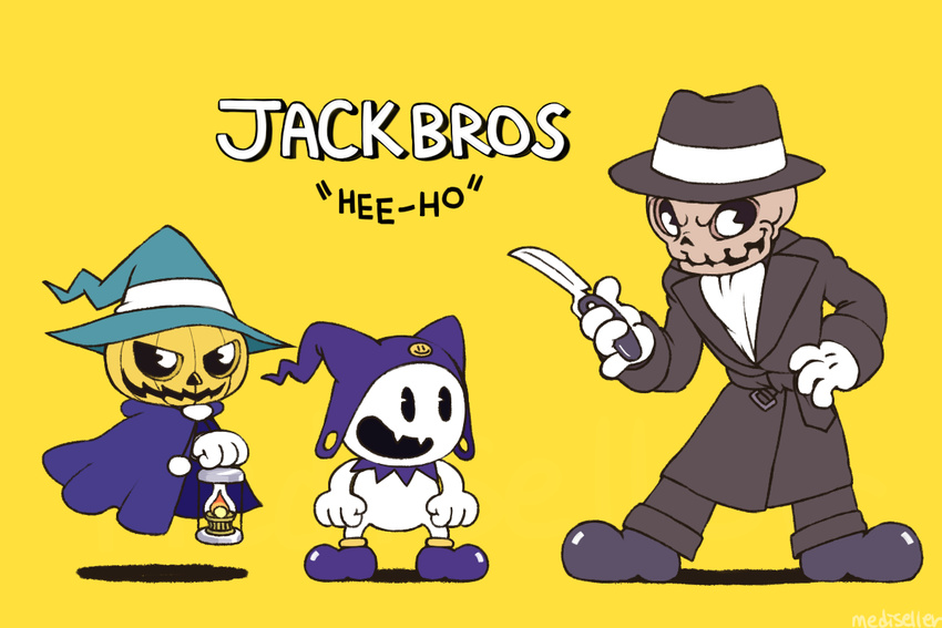 clothing cuphead_(game) demon english_text fangs food fruit hat jack_frost jack_the_ripper_(megami_tensei) mediseller megami_tensei pumpkin pyro_jack_(megami_tensei) simple_background skull style_parody suit text yellow_background