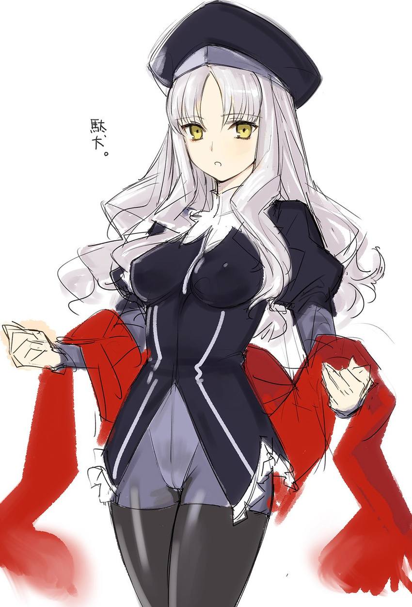 bangs black_legwear breasts caren_hortensia covered_nipples cowboy_shot eyebrows_visible_through_hair fate/hollow_ataraxia fate_(series) gloves grey_legwear hat highres jacket juliet_sleeves layered_sleeves long_hair long_sleeves looking_at_viewer medium_breasts pantyhose parted_lips puffy_sleeves purple_jacket purple_legwear red_scarf scarf shroud_of_magdalene silver_hair sketch solo standing tetsu_(kimuchi) thighhighs translation_request white_background white_gloves yellow_eyes