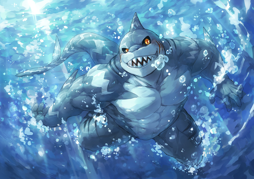5_fingers abs anthro big_muscles black_sclera bubble english_text fish gills grey_body grey_skin grin male marine multicolored_body muscular muscular_male navel open_mouth red_pupil rpbbw sea shark sharp_teeth smile solo swimming teeth text underwater water white_body white_skin yellow_eyes 五色