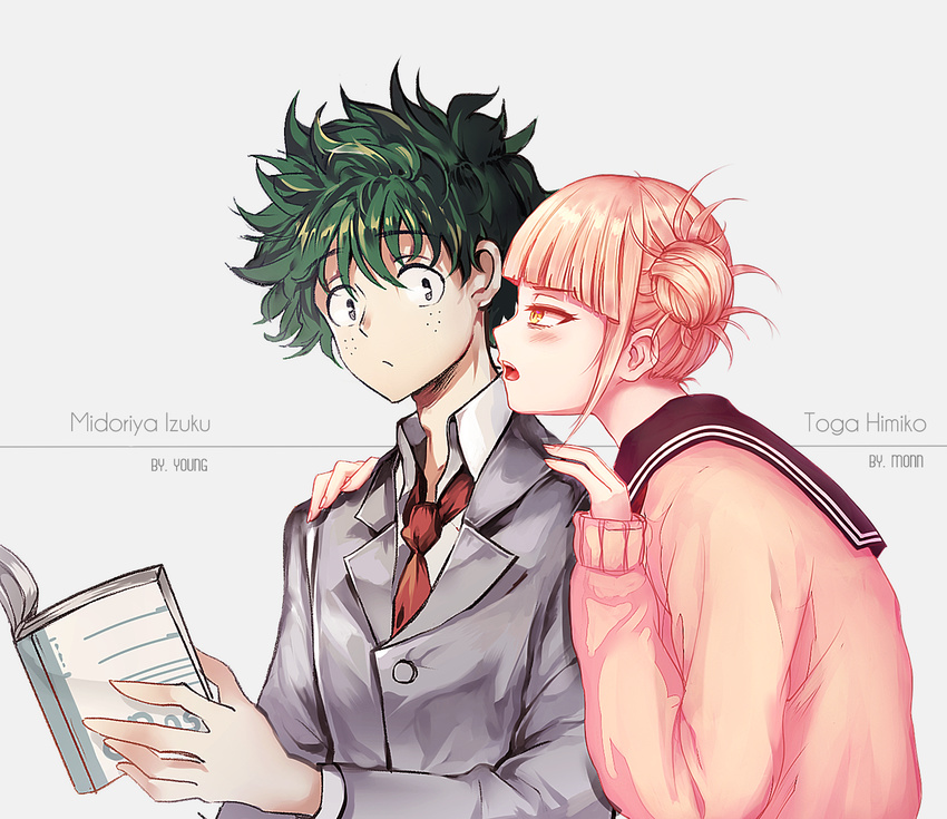 1boy 1girl artist_name bangs blonde_hair blunt_bangs blush boku_no_hero_academia book cardigan character_name collaboration couple double_bun freckles green_eyes green_hair hair_bun highres messy_hair necktie open_mouth school_uniform serafuku smile solo toga_himiko upper_body yellow_eyes