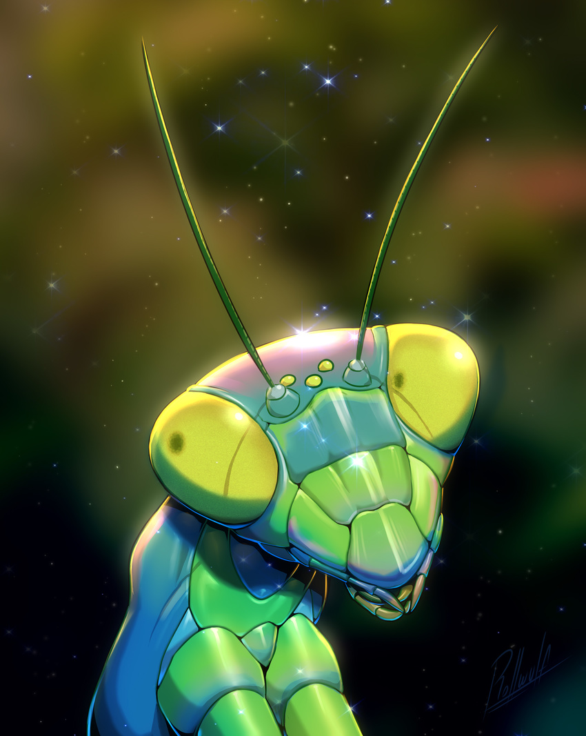 absurd_res ambiguous_gender antennae arthropod blurred_background cute exoskeleton green_skin hi_res insect jaw mantis rollwulf shiny sparkle