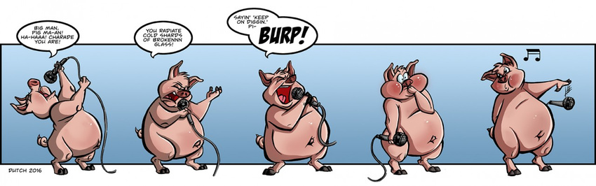 2016 anthro blue_background blush burping dialogue digital_media_(artwork) dutch_(artist) embarrassed english_text gradient_background head_tuft holding_microphone holding_object hooves mammal mic_drop microphone musical_note open_mouth overweight pig pink_floyd porcine sequence simple_background snout speech_bubble text tuft white_background