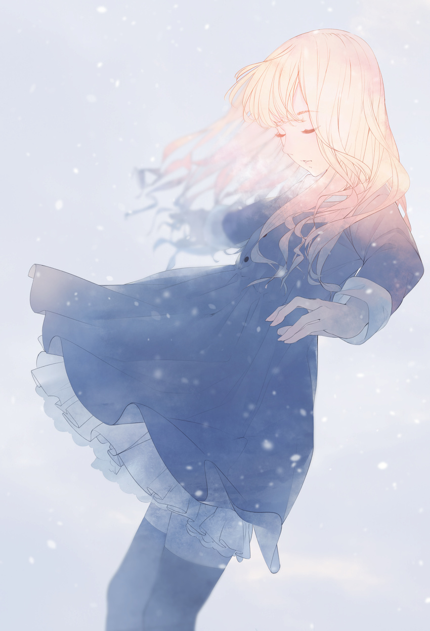 bangs black_legwear blue_background blue_dress blurry blurry_background closed_eyes depth_of_field dress eyebrows_visible_through_hair eyes_visible_through_hair frilled_dress frills from_side highres long_sleeves parted_lips snow snowing solo sousou_(sousouworks) thighhighs