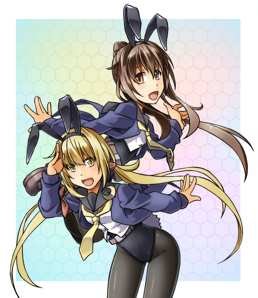 adapted_costume alto-00 animal_ears black_legwear black_sailor_collar blue_jacket brown_eyes brown_hair bunny_ears bunny_girl bunnysuit crescent crescent_moon_pin fumizuki_(kantai_collection) highres jacket kantai_collection leotard leotard_under_clothes long_hair long_sleeves looking_at_viewer low_twintails multiple_girls neckerchief open_mouth pantyhose ponytail remodel_(kantai_collection) sailor_collar salute satsuki_(kantai_collection) school_uniform serafuku shirt shoes smile twintails white_shirt yellow_eyes yellow_neckwear