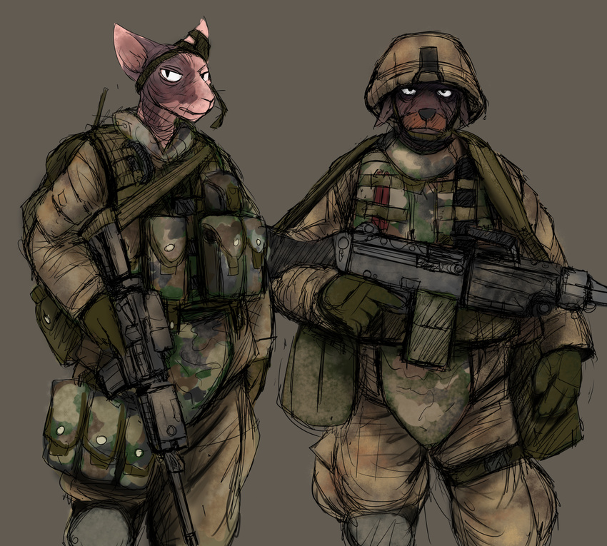 anthro armor canine cat colored dog duo feline grey_background gun helmet hladilnik male mammal military ranged_weapon rifle shaved simple_background sphynx weapon