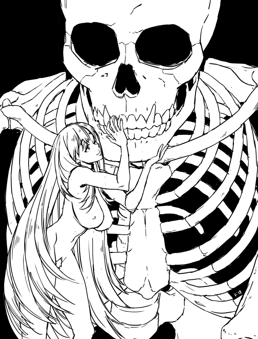 1girl absurdres breasts highres large_breasts long_hair mariel_cartwright monochrome nude one_eye_closed original pubic_hair size_difference skeleton sketch skull solo_focus very_long_hair