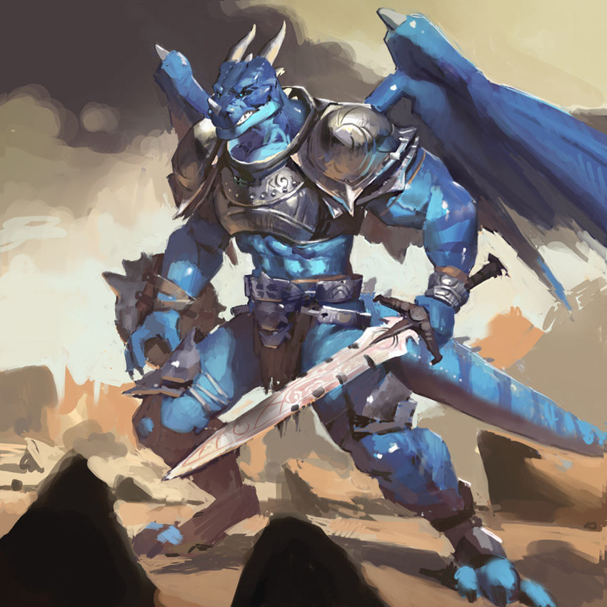 anthro armor blue_scales blue_wings detailed_background dragon fighting_stance horn jiandou male melee_weapon scales sword weapon wings