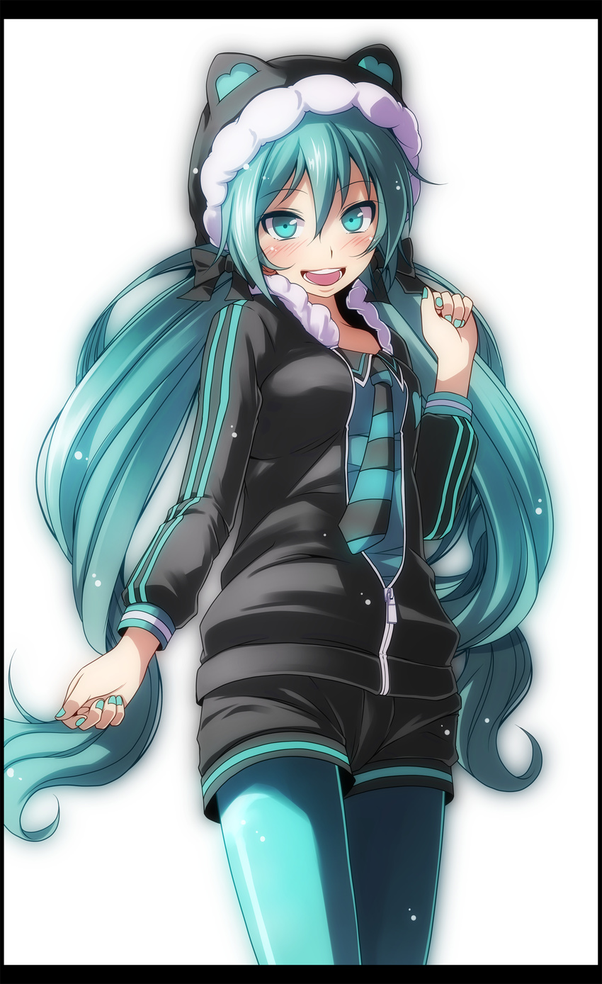 :d absurdres animal_hood aqua_eyes aqua_hair aqua_nails arm_at_side bangs black_border black_bow black_jacket black_shorts blue_legwear blue_shirt blush border bow cat_hood cowboy_shot fur_trim hair_between_eyes hair_bow hand_up hatsune_miku highres hood hood_up hooded_jacket jacket kunoichi_demo_koi_ga_shitai_(vocaloid) light_particles long_hair looking_at_viewer low_twintails nail_polish necktie open_clothes open_jacket open_mouth pantyhose partially_unzipped project_diva_(series) project_diva_x round_teeth shirt short_shorts shorts simple_background smile solo standing striped striped_neckwear teeth tsukishiro_saika tsurime twintails very_long_hair vocaloid white_background zipper zipper_pull_tab