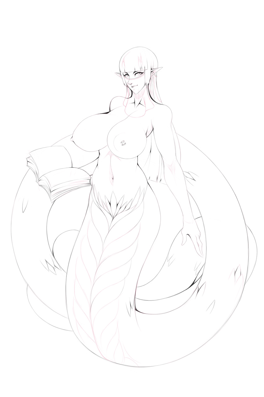 2017 big_breasts book breasts female hair holding_book holding_object huge_breasts lamia long_hair looking_at_viewer monochrome mostly_nude navel nipples pointy_ears reptile scalie sketch snake solo urw veil