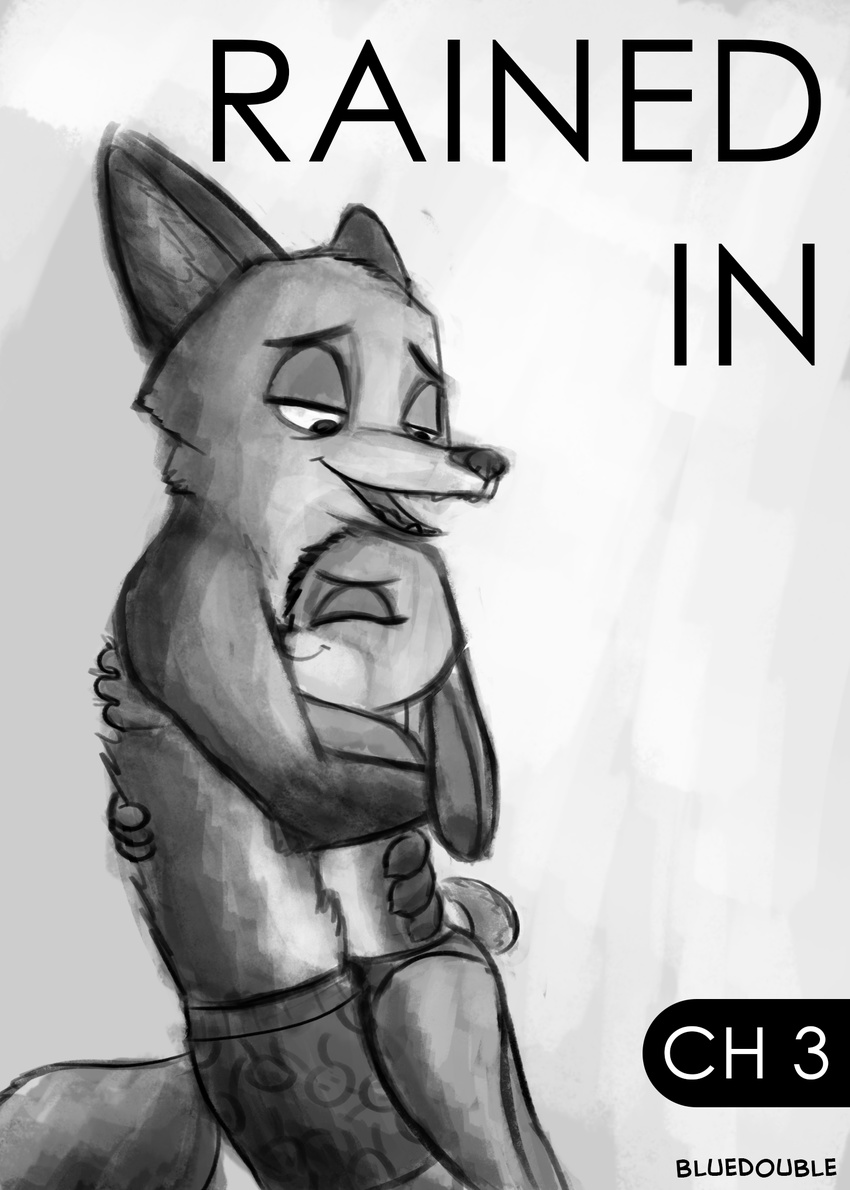 2017 anthro bluedouble boxers_(clothing) canine clothed clothing disney duo english_text fanfic_art female fox greyscale hug judy_hopps lagomorph male male/female mammal monochrome nick_wilde panties rabbit simple_background smile standing text topless underwear white_background zootopia