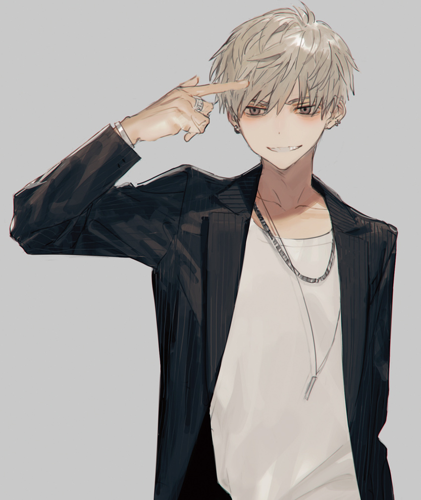 bad_id bad_tumblr_id black_jacket black_shirt earrings finger_to_head grey_background grey_eyes grin highres hirota_tsuu jacket jewelry long_sleeves looking_at_viewer male_focus necklace open_clothes open_jacket original parted_lips shirt silver_hair simple_background smile solo standing upper_body
