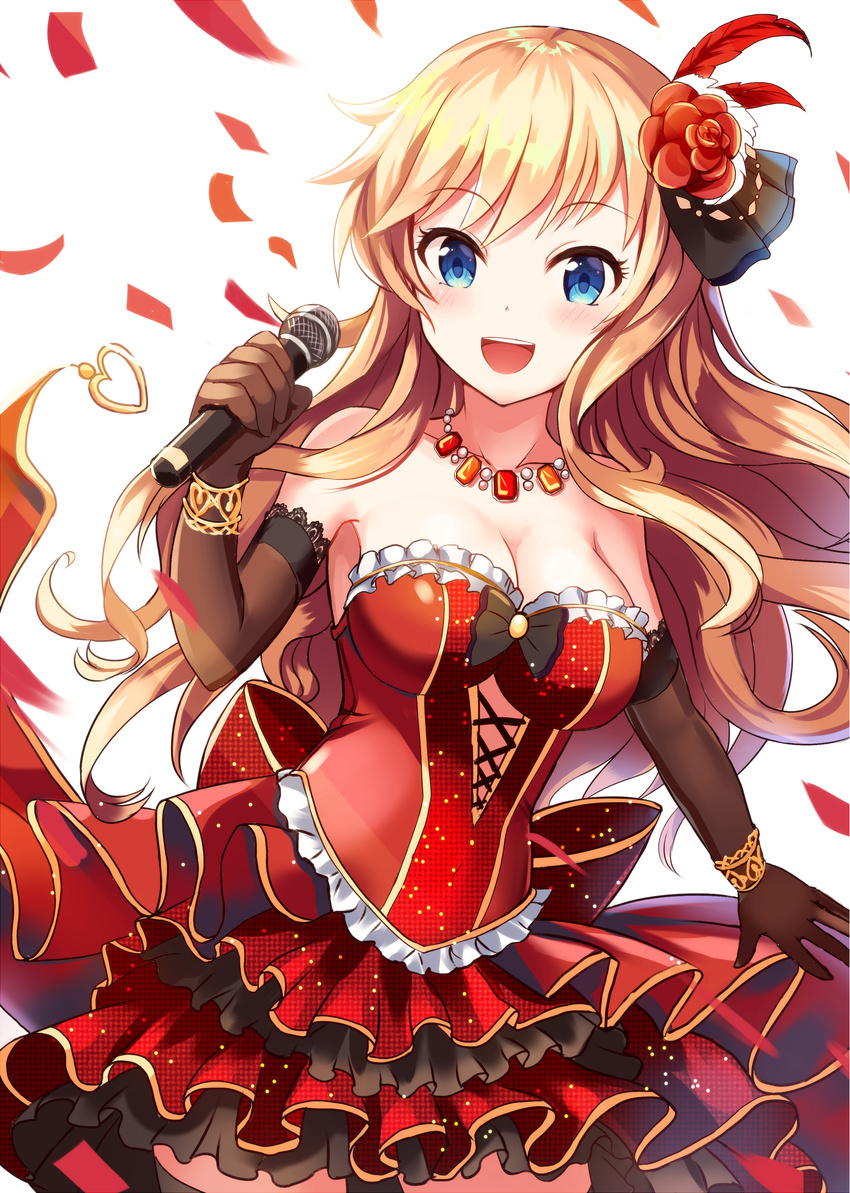 :d absurdres bare_shoulders blonde_hair blue_eyes breasts brown_gloves cleavage collarbone dress elbow_gloves feathers flower frilled_dress frills gloves hair_feathers hair_flower hair_ornament highres holding holding_microphone idolmaster idolmaster_cinderella_girls idolmaster_cinderella_girls_starlight_stage jewelry layered_dress long_hair medium_breasts microphone necklace ootsuki_yui open_mouth red_dress sakura_ani simple_background smile solo white_background