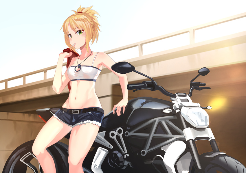 bare_shoulders blonde_hair braid bridge bustier cutoffs ducati fate/apocrypha fate_(series) gan-viking green_eyes groin ground_vehicle highres jacket_over_shoulder looking_at_viewer midriff mordred_(fate) mordred_(fate)_(all) motor_vehicle motorcycle mouth_hold navel outdoors ponytail short_hair short_shorts shorts sitting solo