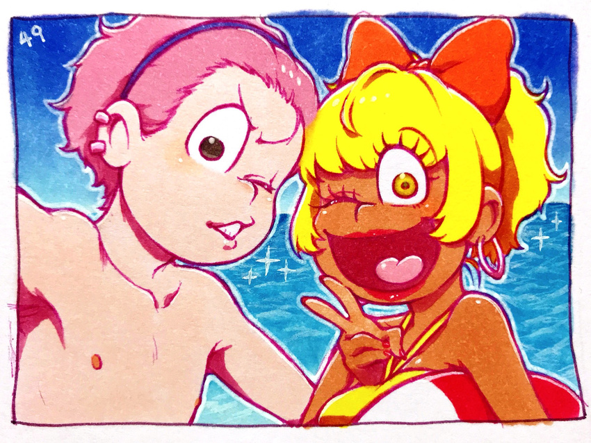 1girl ;d bikini black_eyes blonde_hair dark_skin eyelashes ganguro hairband high_ponytail highres innertube juushiko_(osomatsu-san) matsuno_todomatsu ocean one_eye_closed open_mouth osomatsu-kun osomatsu-san pink_hair ponytail self_shot signature smile swimsuit upper_body v yellow_eyes