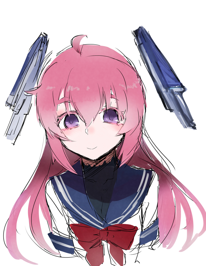 agtt25333 ahoge alternate_hairstyle bodysuit closed_mouth collarbone dress hair_between_eyes headgear highres kantai_collection looking_at_viewer nenohi_(kantai_collection) pink_hair purple_eyes red_ribbon ribbon sailor_dress school_uniform serafuku short_sleeves simple_background smile solo straight_hair upper_body white_background