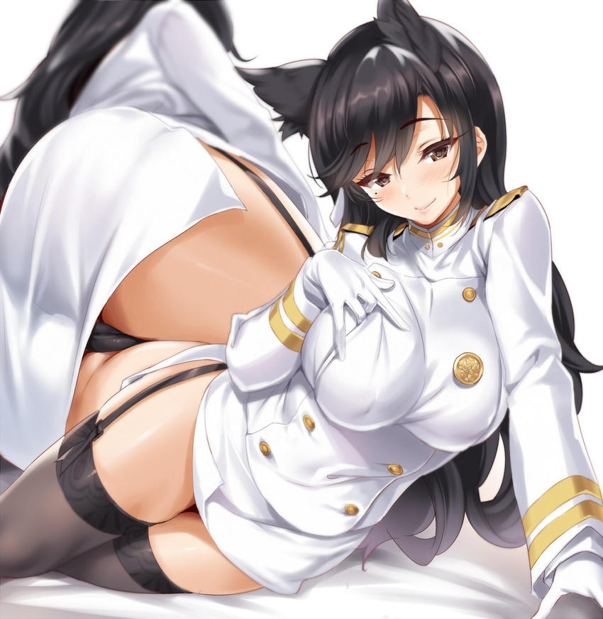 animal_ears ass atago_(azur_lane) azur_lane bangs bed_sheet black_hair black_legwear black_panties blush breasts brown_eyes buttons covered_nipples extra_ears garter_straps gloves hair_ribbon highres impossible_clothes kure_masahiro large_breasts lips long_hair long_sleeves looking_at_viewer military military_uniform miniskirt mole mole_under_eye multiple_views panties pencil_skirt ribbon shiny shiny_hair side_slit skirt smile swept_bangs thigh_gap thighhighs unbuttoning underwear uniform white_gloves white_ribbon white_skirt