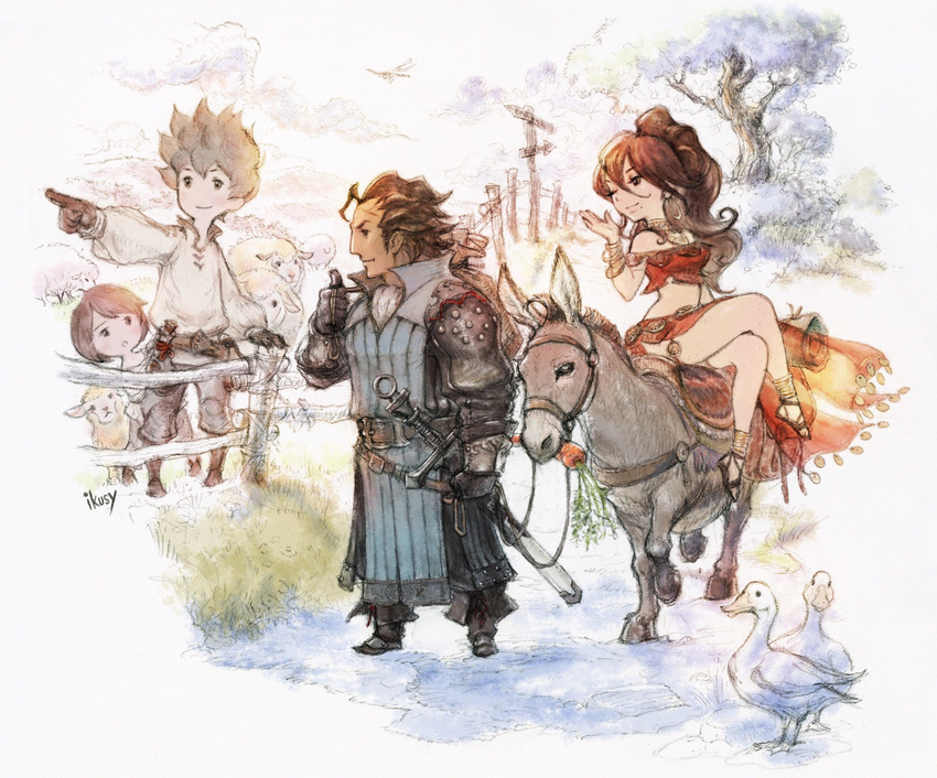 3boys bird bravely_default:_flying_fairy bravely_default_(series) brothers brown_hair bug company_connection creator_connection crossover dragonfly duck everyone fence highres ikusy insect mole mole_under_mouth multiple_boys multiple_girls octopath_traveler official_art olberic_eisenberg pointing primrose_azelhart riding sheep siblings smile spiked_hair square_enix til_oria tiz_oria