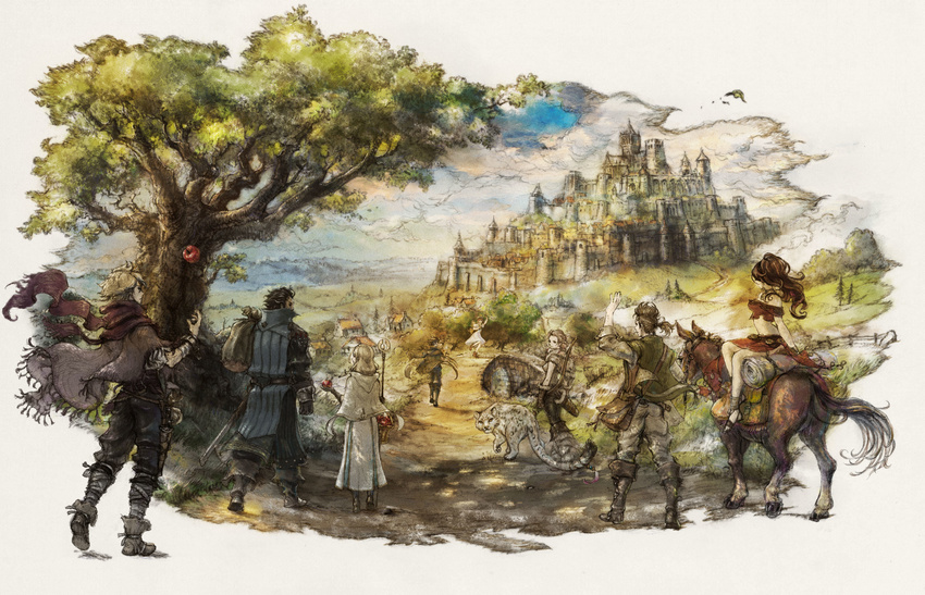 4girls absurdres alfyn_(octopath_traveler) apple blonde_hair brown_hair cyrus_(octopath_traveler) everyone food fruit h'aanit_(octopath_traveler) highres horse ikusy looking_back multiple_boys multiple_girls octopath_traveler official_art olberic_eisenberg ophilia_(octopath_traveler) primrose_azelhart riding road scenery square_enix therion_(octopath_traveler) town tree tressa_(octopath_traveler)