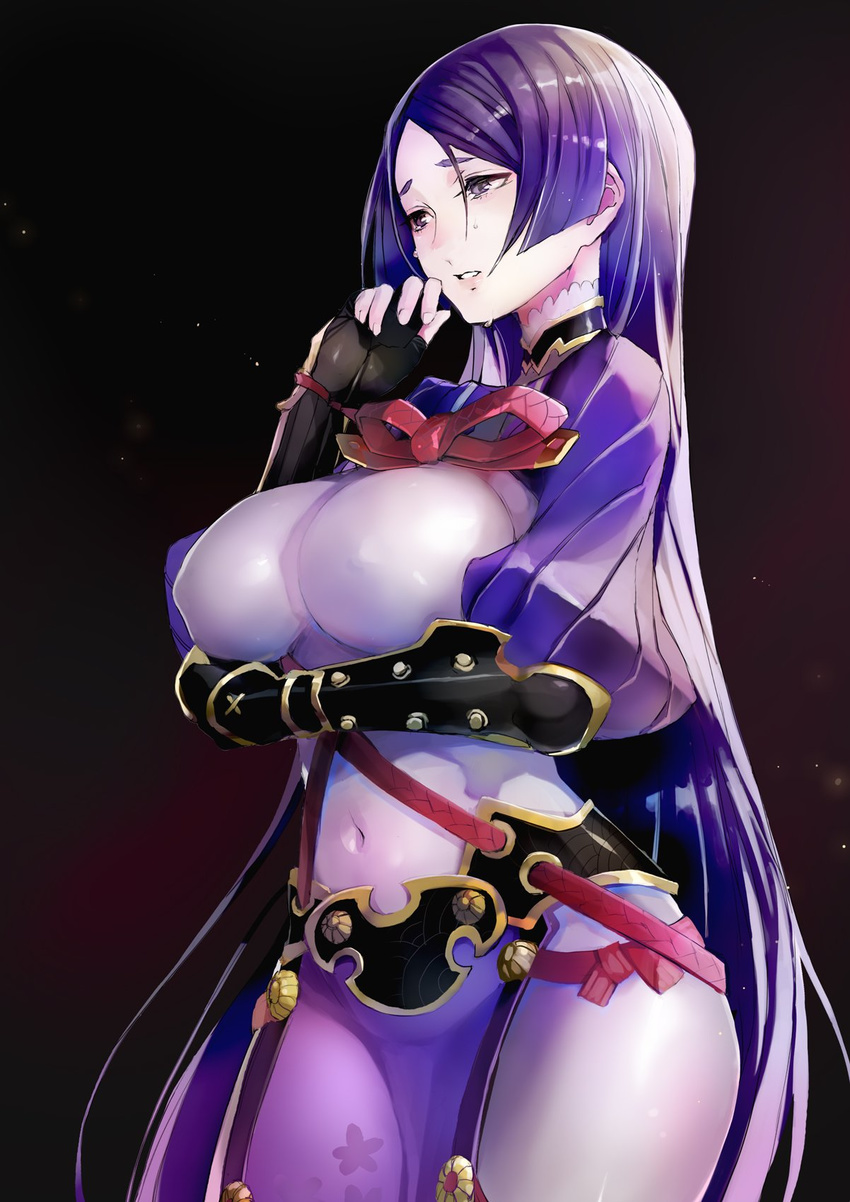 bangs bodysuit breasts commentary_request covered_navel covered_nipples crying crying_with_eyes_open fate/grand_order fate_(series) fingerless_gloves gloves highres huge_breasts long_hair low-tied_long_hair minamoto_no_raikou_(fate/grand_order) parted_bangs purple_bodysuit purple_hair solo taishi_(picchiridou) tears very_long_hair