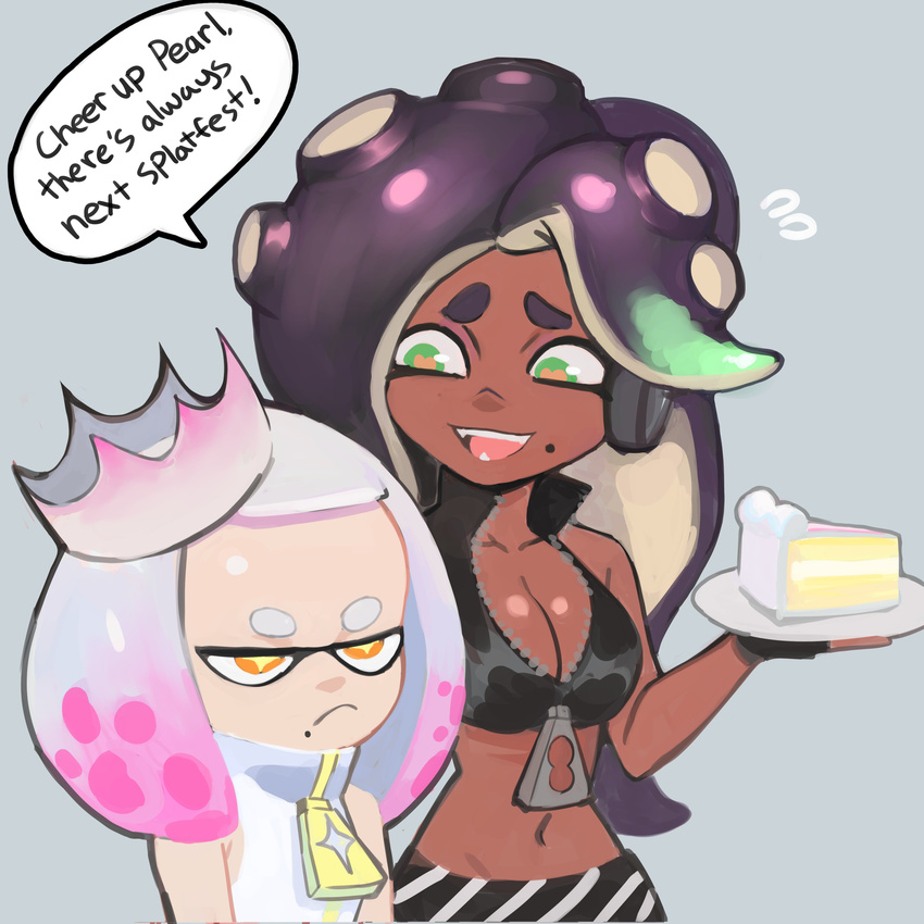 absurdres cake cephalopod_eyes colo_(nagrolaz) commentary crop_top cropped_vest crown dark_skin domino_mask fingerless_gloves food gloves green_legwear highres hime_(splatoon) iida_(splatoon) makeup mascara mask mole mole_under_mouth multicolored_hair multiple_girls octarian pink_pupils sleeveless smile splatoon_(series) splatoon_2 suction_cups tentacle_hair white_hair yellow_eyes zipper zipper_pull_tab