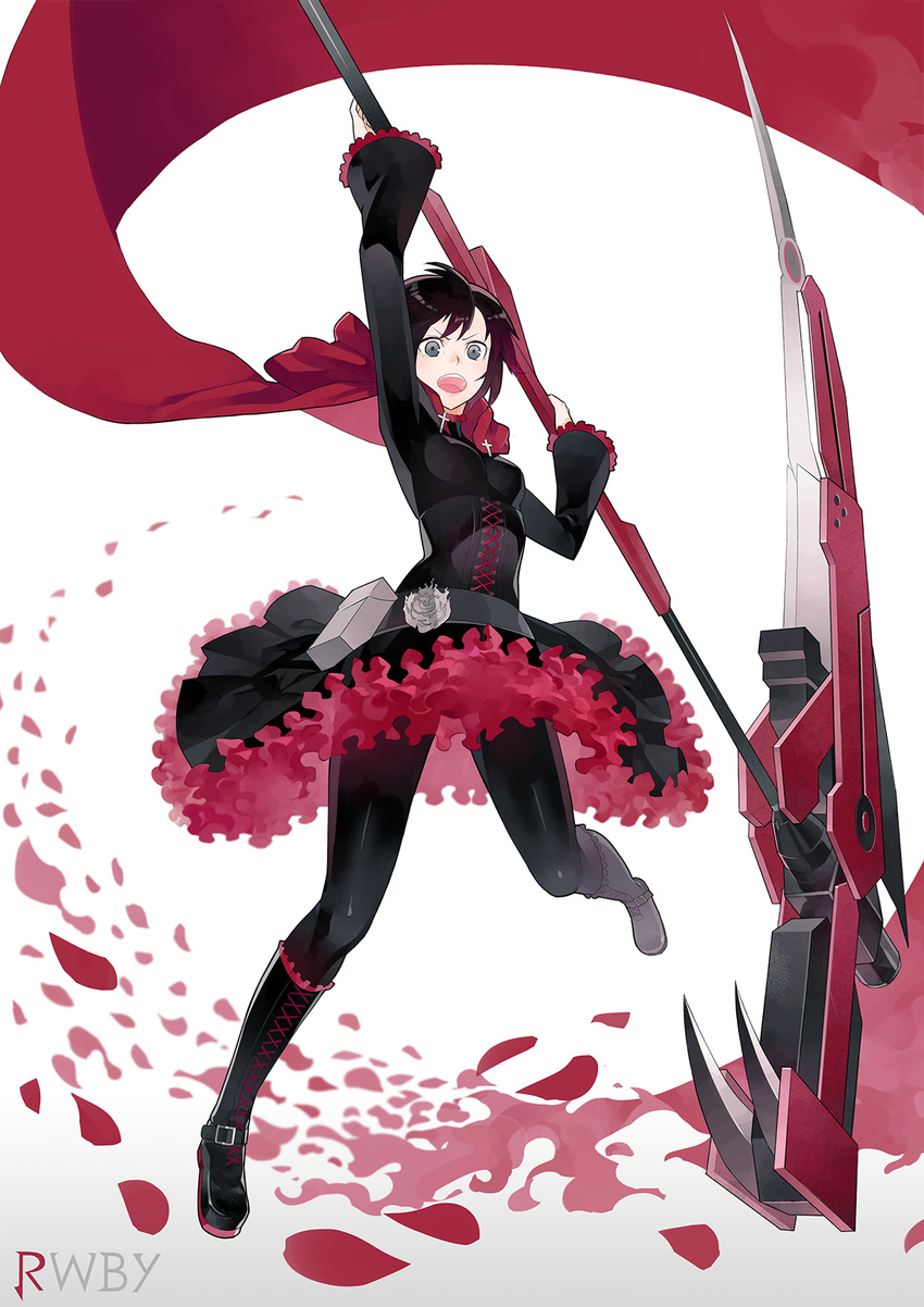 arm_up black_dress black_footwear black_hair black_legwear boots cape copyright_name crescent_rose deigo_dego dress full_body gradient gradient_background green_eyes grey_flower highres holding holding_weapon knee_boots looking_at_viewer open_mouth pantyhose petals petticoat red_cape ruby_rose rwby scythe shiny shiny_clothes short_dress short_hair solo weapon