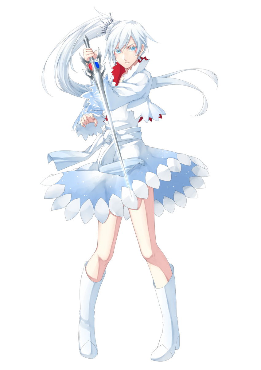 blue_eyes dress full_body high_ponytail highres holding holding_sword holding_weapon left-handed long_hair myrtenaster mzroas rwby scar scar_across_eye short_dress side_ponytail silver_hair simple_background solo standing sword very_long_hair weapon weiss_schnee white_background white_dress white_footwear