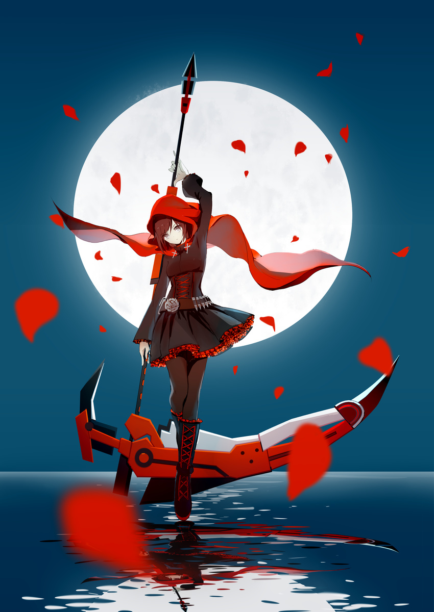 absurdres black_dress black_footwear boots brown_hair cape crescent_rose dress frilled_boots frills full_body full_moon highres holding holding_weapon hood knee_boots layered_dress moon petals red_cape ruby_rose rwby scythe short_dress short_hair sketch solo water weapon zzy_(pixiv6875667)