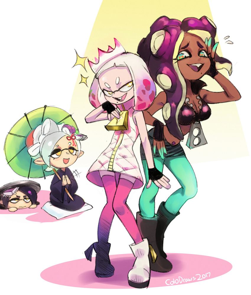 4girls absurdres aori_(splatoon) cephalopod_eyes colo_(nagrolaz) commentary crop_top cropped_vest crown dark_skin domino_mask fangs food food_on_head gloves green_legwear highres hime_(splatoon) hotaru_(splatoon) iida_(splatoon) japanese_clothes kimono makeup mascara mask mole mole_under_eye mole_under_mouth multicolored multicolored_hair multicolored_skin multiple_girls navel_piercing object_on_head octarian pantyhose pantyhose_under_shorts piercing pink_pupils pointy_ears sleeveless smile splatoon_(series) splatoon_2 suction_cups tentacle_hair white_hair yellow_eyes zipper zipper_pull_tab